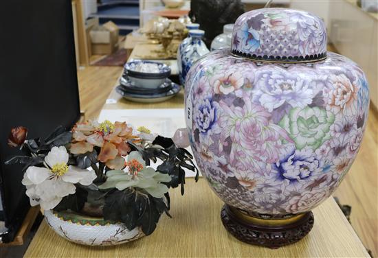 A Chinese cloisonné bowl with hardstone flowers and a large modern cloisonné ginger jar and cover tallest 41cm